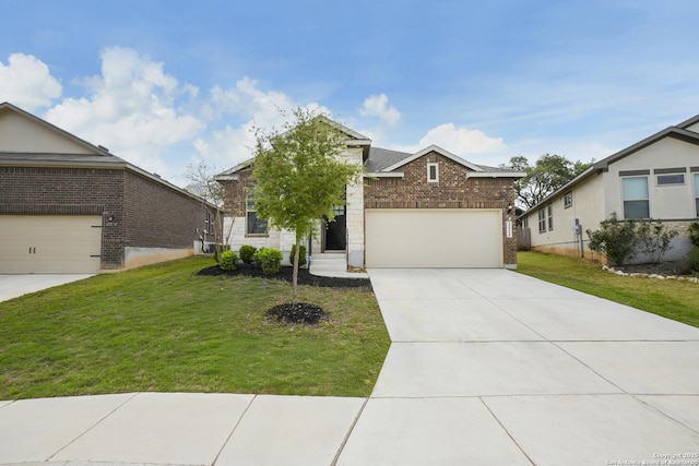view of front of house featuring concrete driveway, an attached garage, stone siding, a front lawn, and brick siding