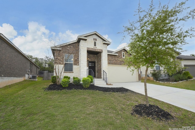 view of front of home with cooling unit, concrete driveway, stone siding, a front yard, and a garage