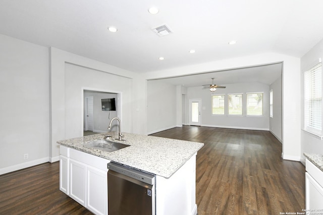 kitchen featuring stainless steel dishwasher, a sink, ceiling fan, white cabinets, and visible vents