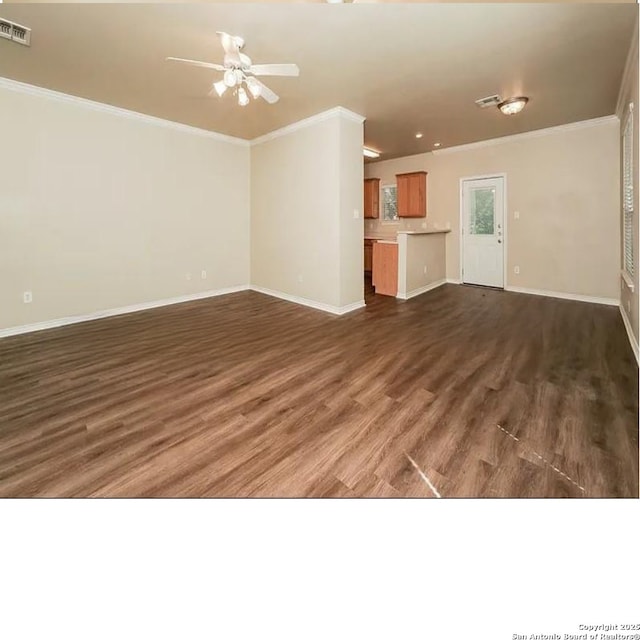 7126 Tourant, San Antonio, TX 78240 - unfurnished living room with a ceiling fan, baseboards, ornamental molding, visible vents, and dark wood-type flooring