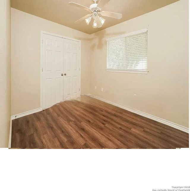7126 Tourant, San Antonio, TX 78240 - unfurnished bedroom featuring a closet, baseboards, a ceiling fan, and wood finished floors