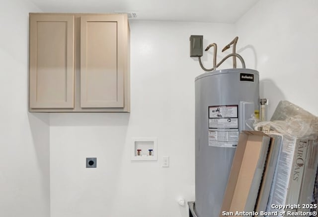 laundry area with water heater, cabinet space, hookup for an electric dryer, and washer hookup