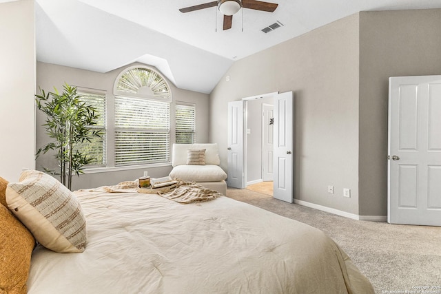 13911 Laurelbrook, San Antonio, TX 78249 - carpeted bedroom with baseboards, ceiling fan, visible vents, and vaulted ceiling