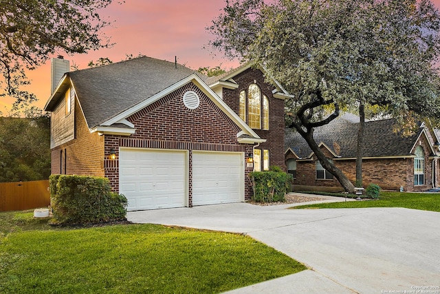 13911 Laurelbrook, San Antonio, TX 78249 - traditional-style house with brick siding, concrete driveway, an attached garage, and a lawn