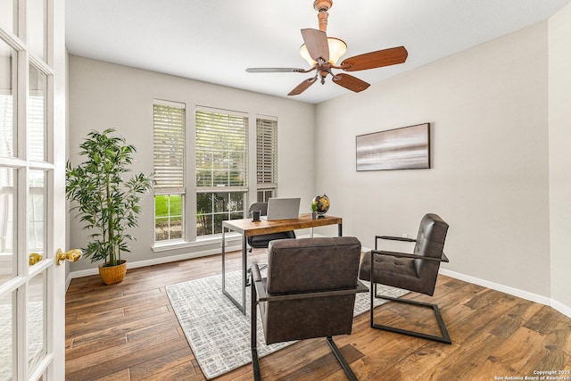13911 Laurelbrook, San Antonio, TX 78249 - office area with hardwood / wood-style floors, baseboards, and ceiling fan