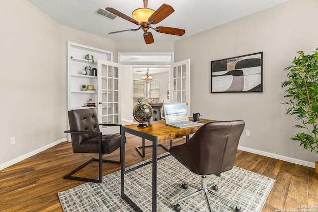 13911 Laurelbrook, San Antonio, TX 78249 - home office featuring hardwood / wood-style floors, ceiling fan with notable chandelier, baseboards, and visible vents