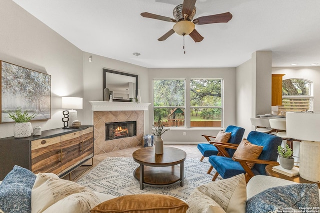 13911 Laurelbrook, San Antonio, TX 78249 - living room featuring a wealth of natural light, a fireplace, ceiling fan, and baseboards