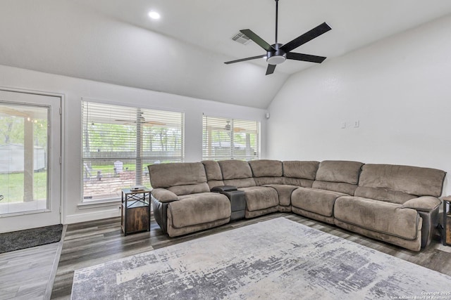 24704 Killarney St, Hempstead, TX 77445 - living area featuring ceiling fan, vaulted ceiling, wood finished floors, and visible vents