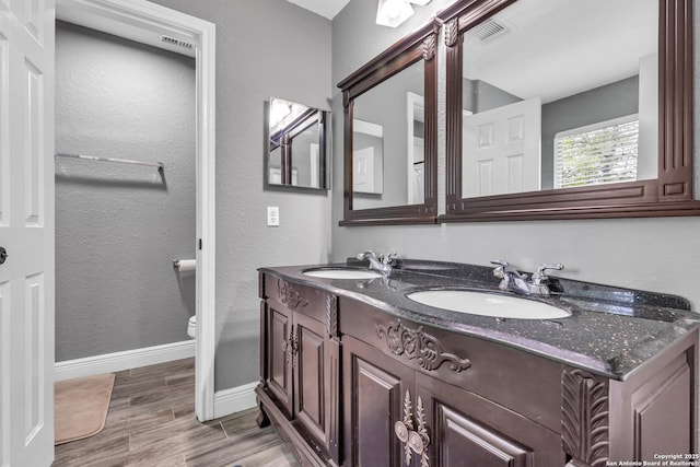 24704 Killarney St, Hempstead, TX 77445 - bathroom with double vanity, wood finished floors, visible vents, and a sink