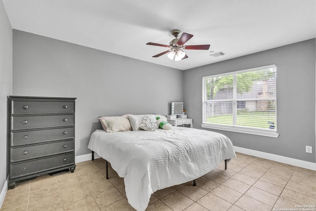24704 Killarney St, Hempstead, TX 77445 - bedroom with a ceiling fan, baseboards, light tile patterned flooring, and visible vents