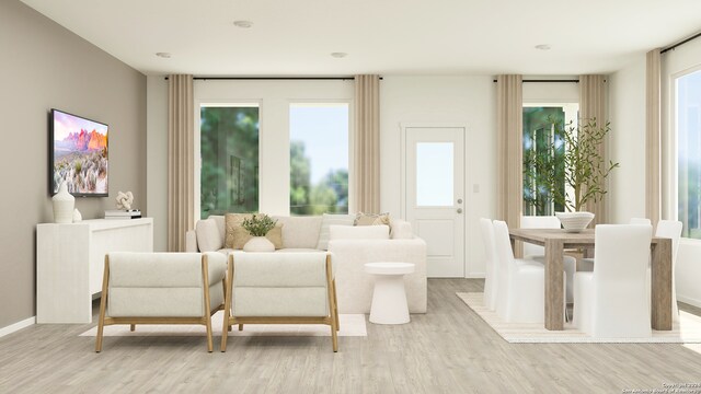 living area featuring baseboards and light wood-style floors