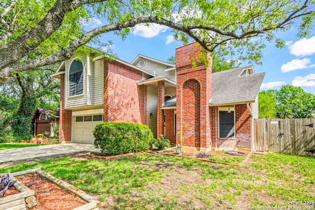 15338 Winter Mist Dr, San Antonio, TX 78247 - view of front of house with fence, brick siding, an attached garage, a chimney, and driveway
