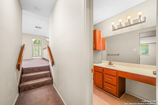 15338 Winter Mist Dr, San Antonio, TX 78247 - bathroom featuring vanity, baseboards, a textured wall, and visible vents
