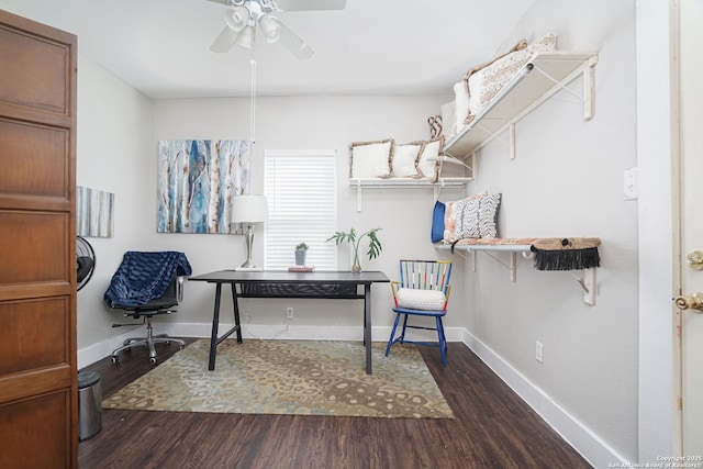 office featuring wood finished floors, baseboards, and a ceiling fan