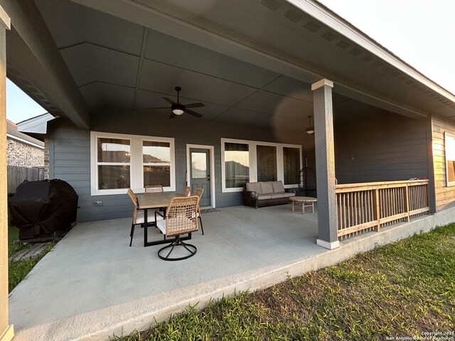 12835 Fort Belknap, San Antonio, TX 78245 - view of patio / terrace featuring outdoor lounge area, a grill, outdoor dining space, and a ceiling fan
