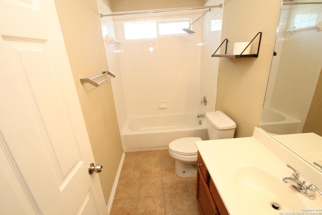full bath with toilet, vanity, baseboards, and bathtub / shower combination