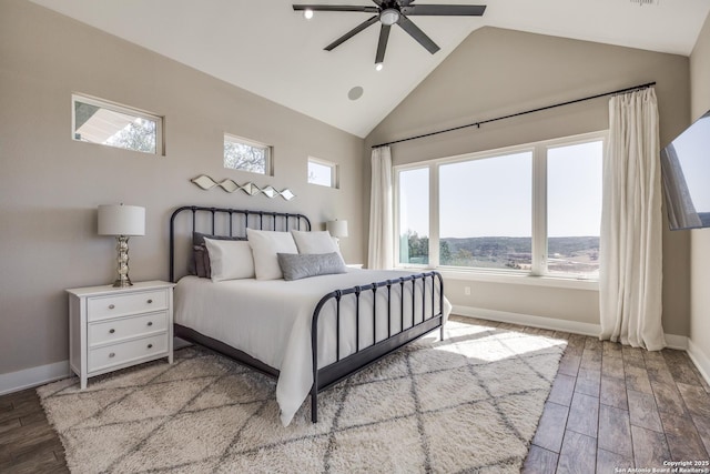 112 Chinkapin, Boerne, TX 78006 - bedroom with baseboards, a ceiling fan, high vaulted ceiling, and wood finished floors