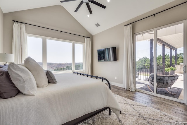 112 Chinkapin, Boerne, TX 78006 - bedroom with access to outside, high vaulted ceiling, ceiling fan, visible vents, and wood finished floors