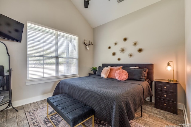 112 Chinkapin, Boerne, TX 78006 - bedroom with visible vents, baseboards, vaulted ceiling, and wood finished floors