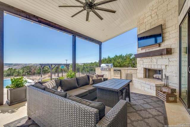 112 Chinkapin, Boerne, TX 78006 - view of patio / terrace with grilling area, an outdoor living space with a fireplace, area for grilling, and ceiling fan