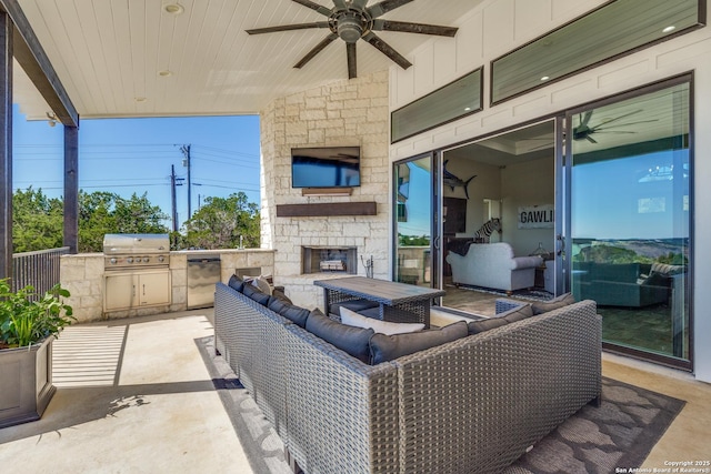 112 Chinkapin, Boerne, TX 78006 - view of patio / terrace featuring grilling area, area for grilling, an outdoor living space with a fireplace, and a ceiling fan