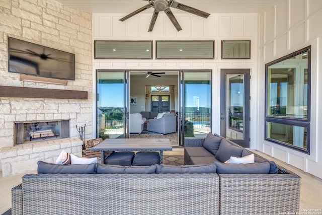 112 Chinkapin, Boerne, TX 78006 - view of patio with an outdoor living space with a fireplace and a ceiling fan