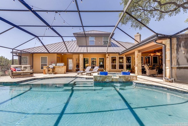 view of pool with a patio area, outdoor lounge area, outdoor dry bar, and ceiling fan