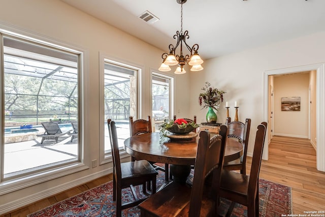 dining room featuring an inviting chandelier, light wood-style floors, baseboards, and visible vents