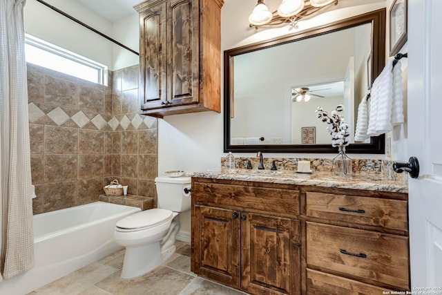bathroom featuring toilet, shower / bath combo with shower curtain, ceiling fan, and vanity
