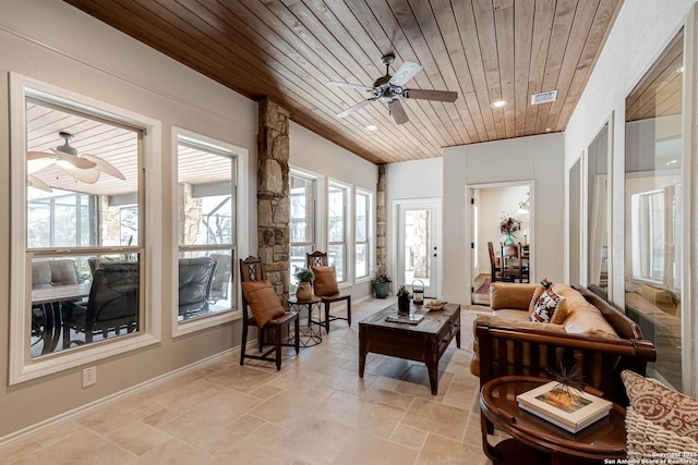 sunroom with visible vents, baseboards, stone finish floor, wood ceiling, and recessed lighting