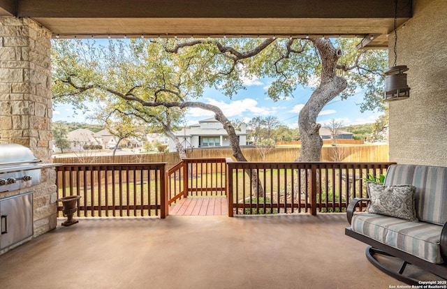 view of patio featuring a fenced backyard and area for grilling