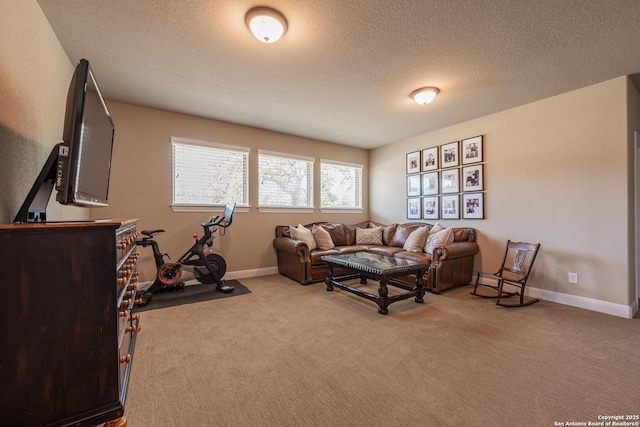 living area with carpet flooring, baseboards, and a textured ceiling