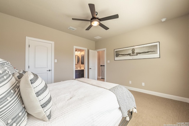 bedroom featuring visible vents, baseboards, a ceiling fan, connected bathroom, and carpet flooring