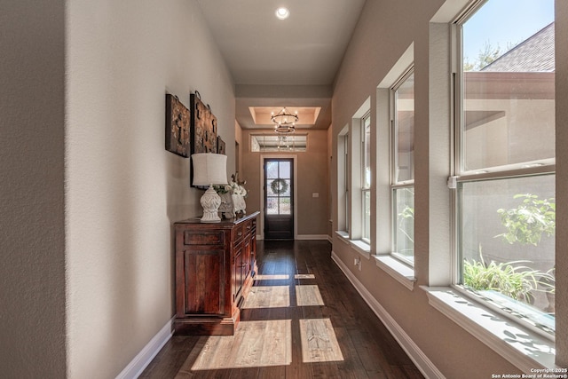 doorway to outside featuring dark wood-style flooring, baseboards, and an inviting chandelier