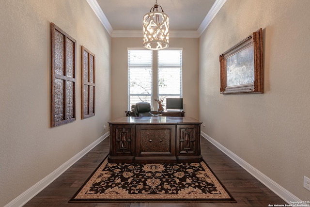 home office featuring a chandelier, dark wood-style flooring, baseboards, and crown molding