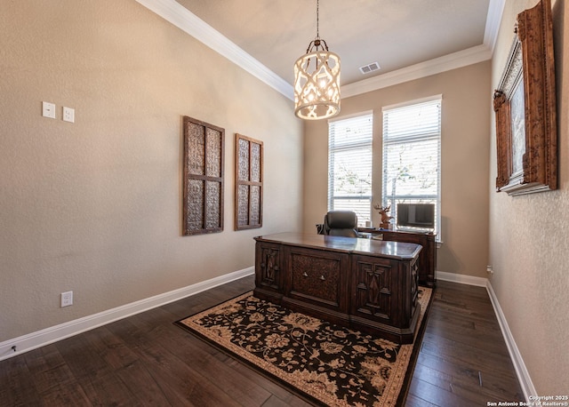 office space with dark wood-type flooring, visible vents, baseboards, and ornamental molding