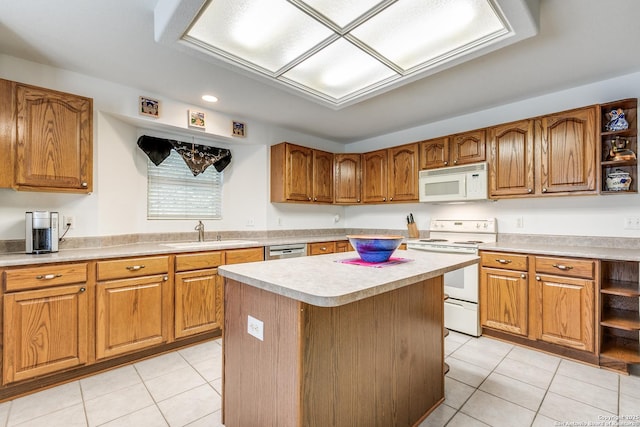 10 Oakwell Farms Pkwy, San Antonio, TX 78218 - kitchen with white appliances, light countertops, open shelves, brown cabinetry, and a sink