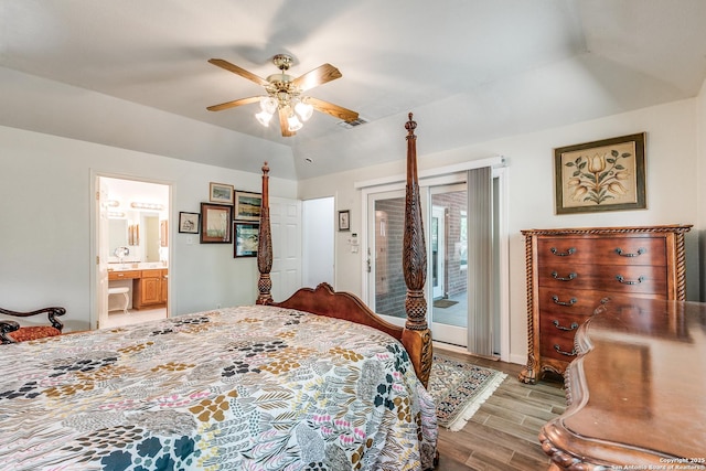 10 Oakwell Farms Pkwy, San Antonio, TX 78218 - bedroom with access to outside, ensuite bathroom, wood finished floors, lofted ceiling, and ceiling fan