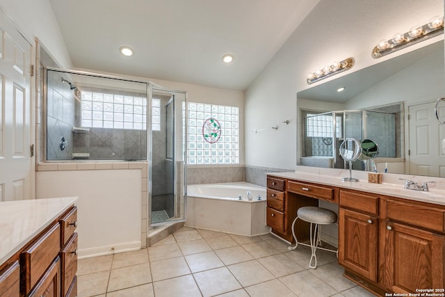 10 Oakwell Farms Pkwy, San Antonio, TX 78218 - full bathroom with a shower stall, tile patterned floors, vanity, and lofted ceiling