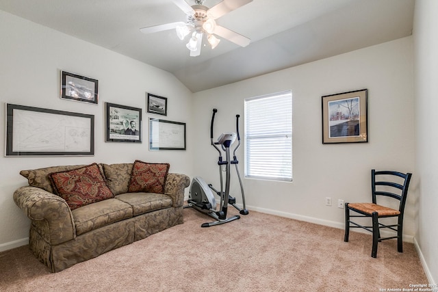 10 Oakwell Farms Pkwy, San Antonio, TX 78218 - exercise area featuring carpet, baseboards, vaulted ceiling, and ceiling fan