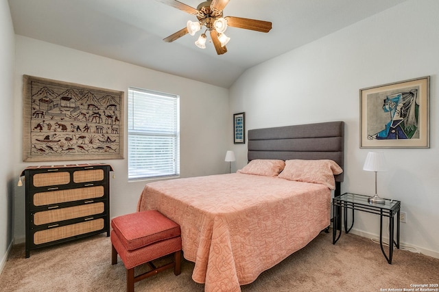 10 Oakwell Farms Pkwy, San Antonio, TX 78218 - bedroom with light carpet, baseboards, vaulted ceiling, and ceiling fan