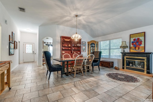 10 Oakwell Farms Pkwy, San Antonio, TX 78218 - dining room with visible vents, arched walkways, an inviting chandelier, and a healthy amount of sunlight