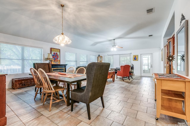 10 Oakwell Farms Pkwy, San Antonio, TX 78218 - dining room featuring visible vents, baseboards, vaulted ceiling, and ceiling fan with notable chandelier