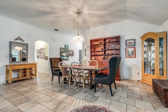 10 Oakwell Farms Pkwy, San Antonio, TX 78218 - dining area with visible vents, baseboards, arched walkways, an inviting chandelier, and lofted ceiling
