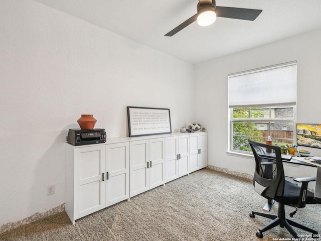 office area featuring carpet floors and ceiling fan