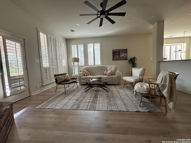 23407 Treemont Park, San Antonio, TX 78261 - living room featuring wood finished floors, plenty of natural light, and ceiling fan