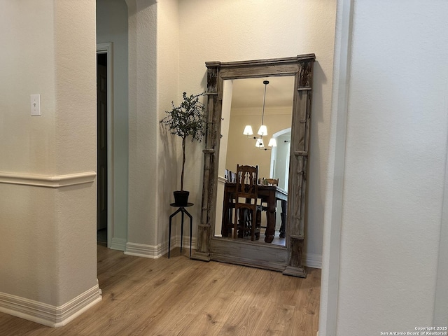 23407 Treemont Park, San Antonio, TX 78261 - hallway with a chandelier, wood finished floors, and a textured wall
