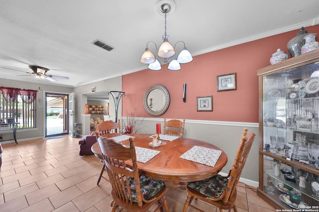 307 Trudell, San Antonio, TX 78213 - dining room with crown molding, ceiling fan with notable chandelier, visible vents, light tile patterned flooring, and baseboards