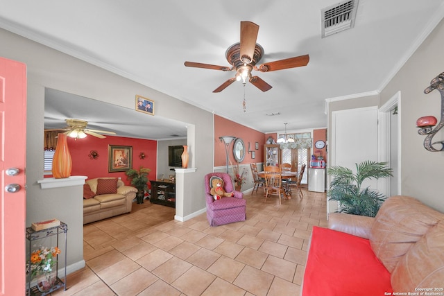 307 Trudell, San Antonio, TX 78213 - living room featuring light tile patterned flooring, ornamental molding, a ceiling fan, and visible vents