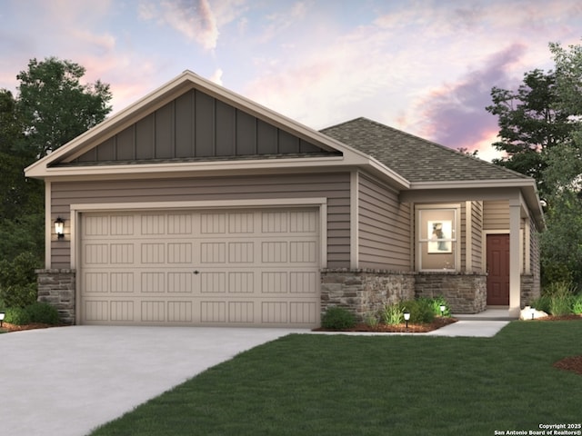 12403 Malarie Sq, San Antonio, TX 78245 - craftsman house featuring an attached garage, stone siding, a lawn, board and batten siding, and concrete driveway